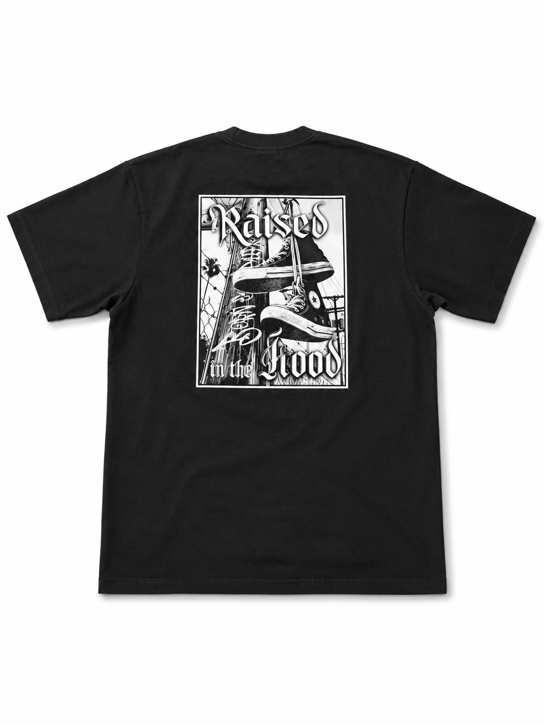 American Printed Tee “Raised In The Hood” - Black