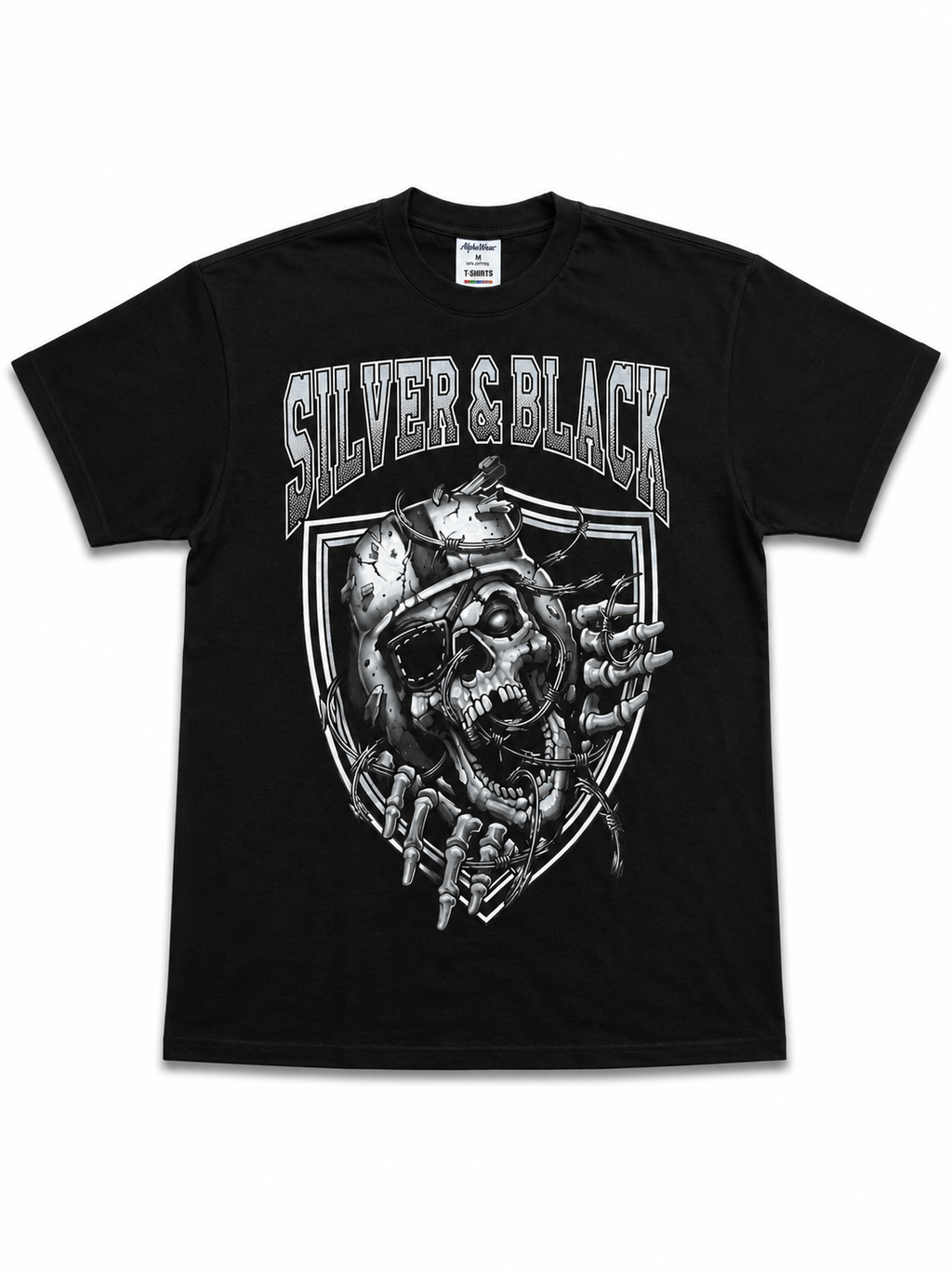 Heavyweight Printed Tee “Raiders, Silver & Black Skull” - Black (CLEARANCE)