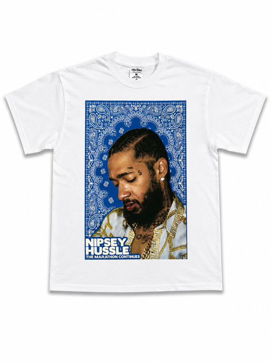 American Printed Tee “Nipsey_ Blue Bandana” White _ CLEARANCE _