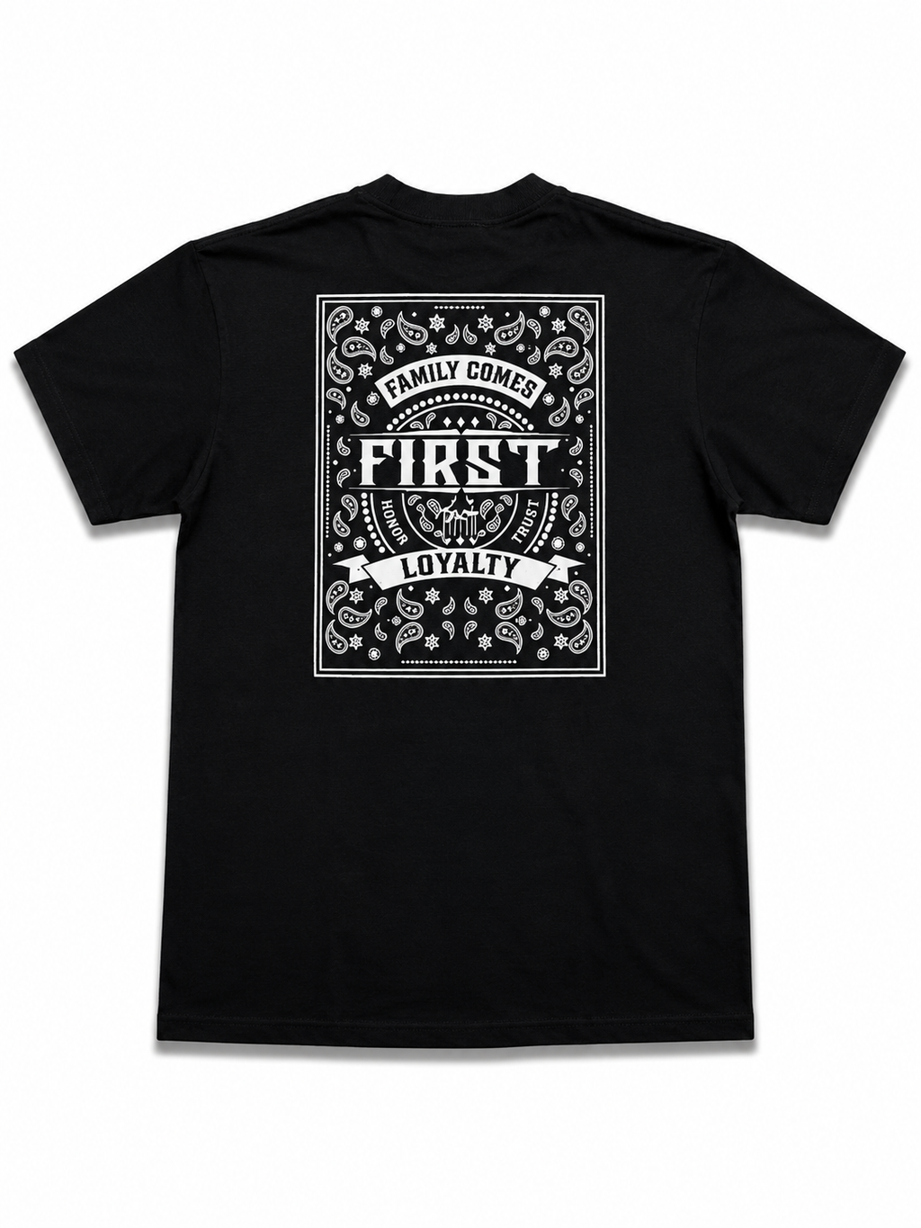 Heavyweight Printed Tee “Family Comes First, Bandana Print” - Black