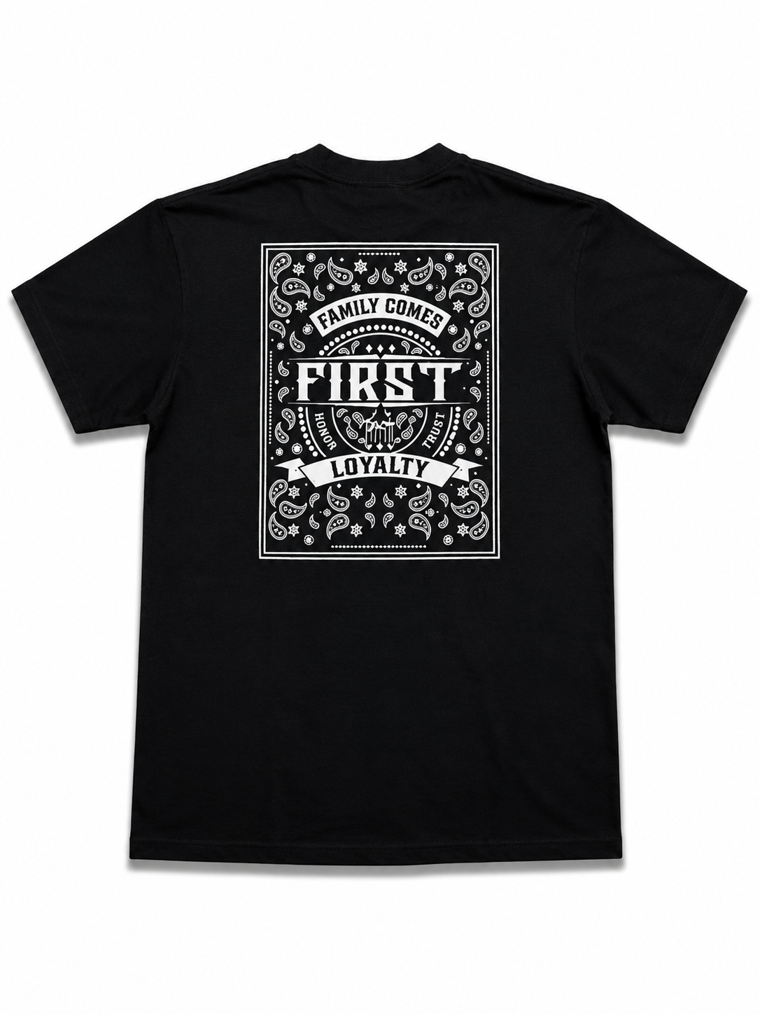American Printed Tee “Family Comes First_ Bandana Print” Black _ CLEARANCE _