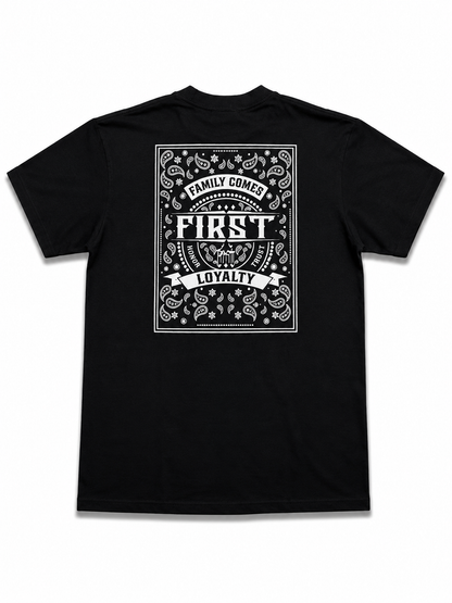 American Printed Tee “Family Comes First_ Bandana Print” Black _ CLEARANCE _