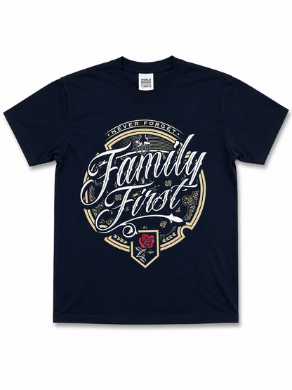 American Printed Tee "Family Comes First_ Never Forget" / Black _ CLEARANCE _