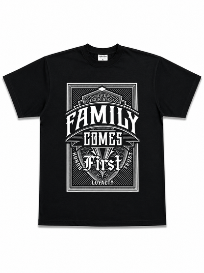 American Printed Tee “Family Comes First_ Print” Black _ CLEARANCE _