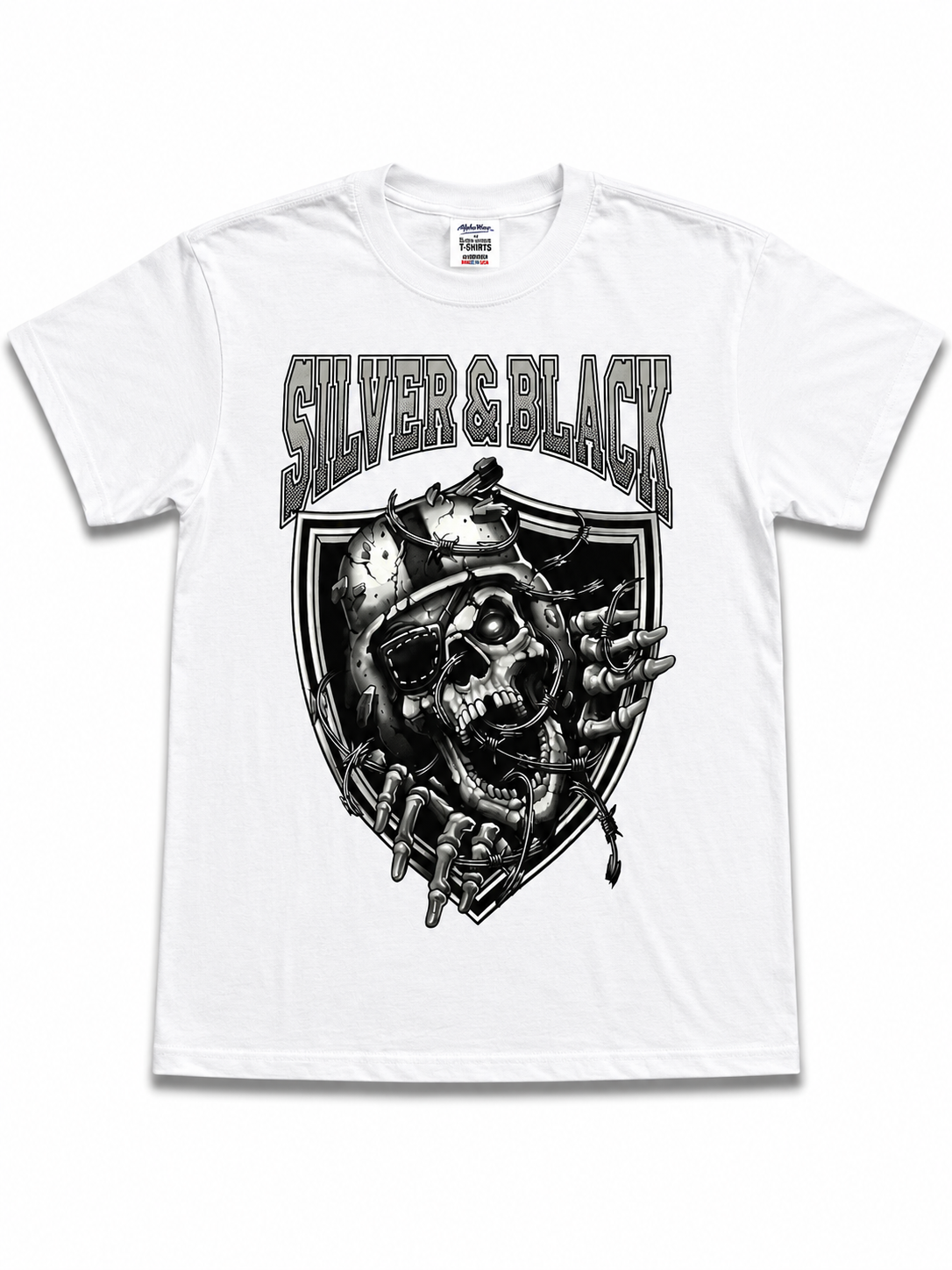 American Printed Tee “Raiders_ Silver & Black _Skull” / White _ CLEARANCE _
