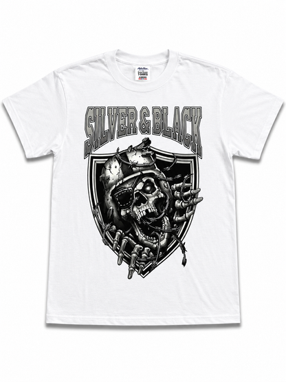 American Printed Tee “Raiders_ Silver & Black _Skull” / White _ CLEARANCE _