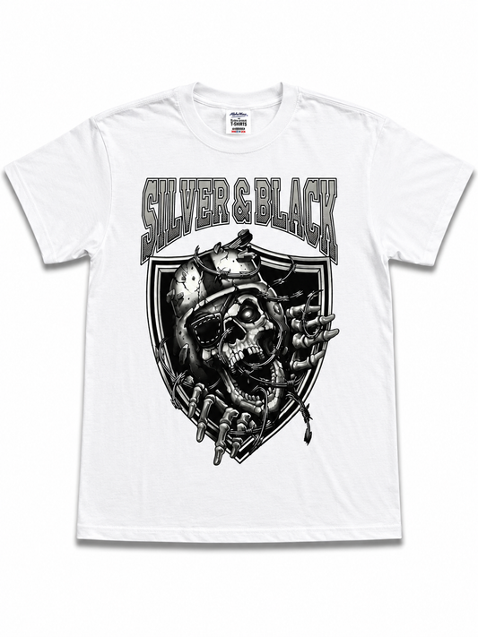 American Printed Tee “Raiders_ Silver & Black _Skull” / White _ CLEARANCE _