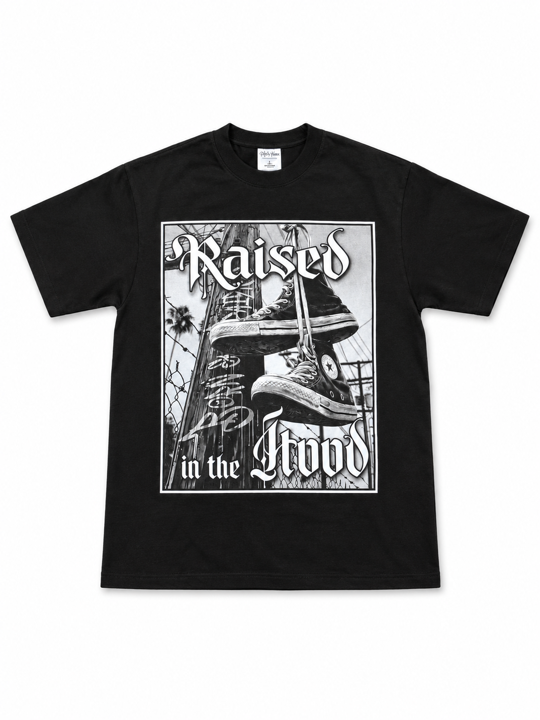 American Printed Tee “Raised In The Hood” - Black