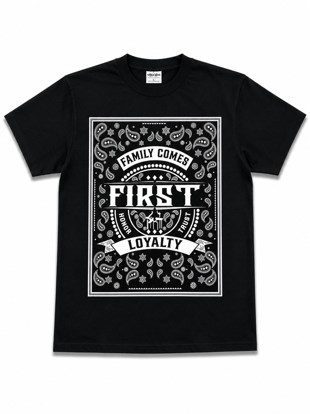 Heavyweight Printed Tee “Family Comes First, Bandana Print” - Black