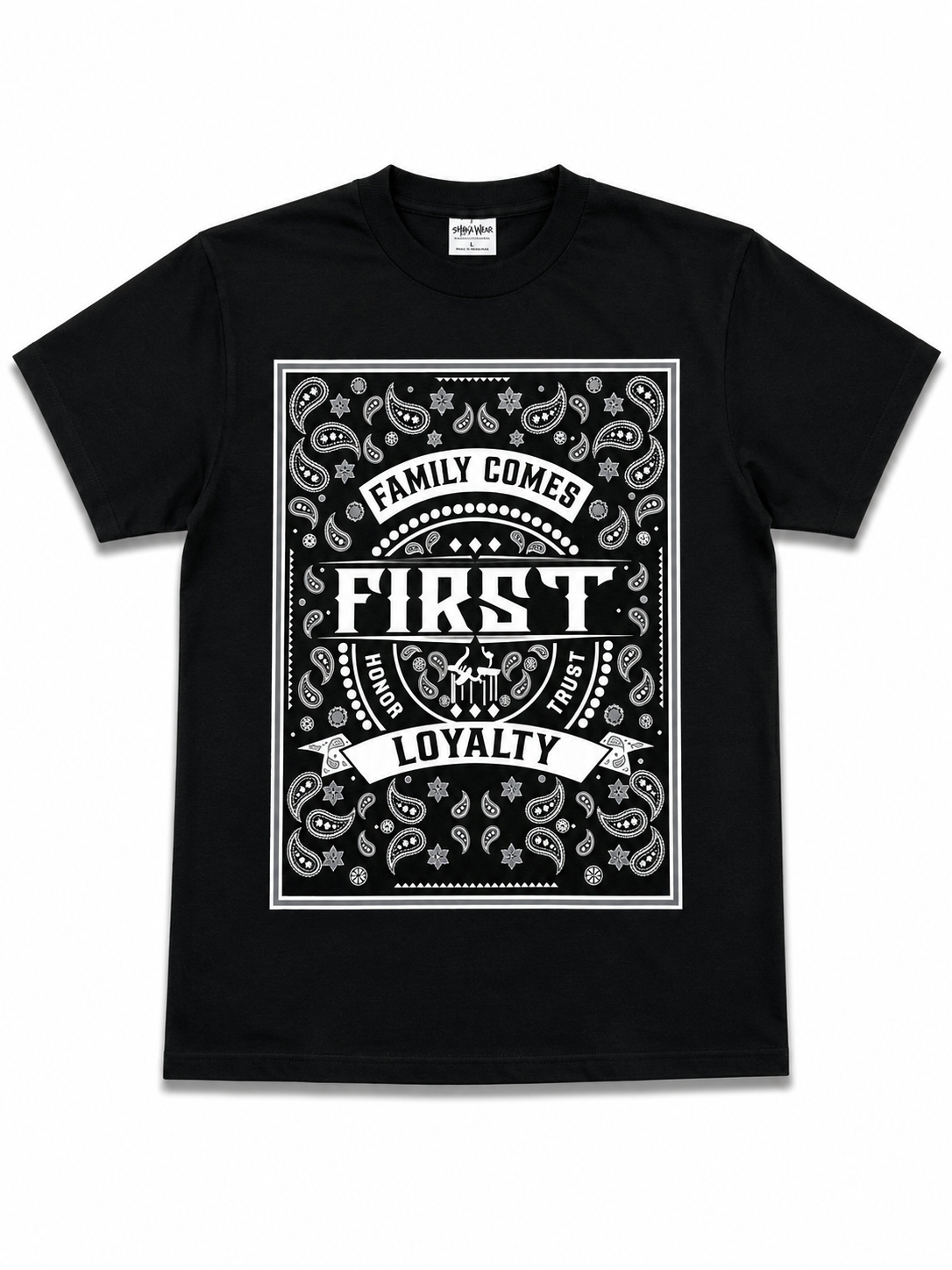 American Printed Tee “Family Comes First_ Bandana Print” Black _ CLEARANCE _