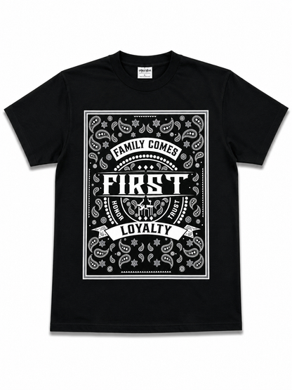 American Printed Tee “Family Comes First_ Bandana Print” Black _ CLEARANCE _