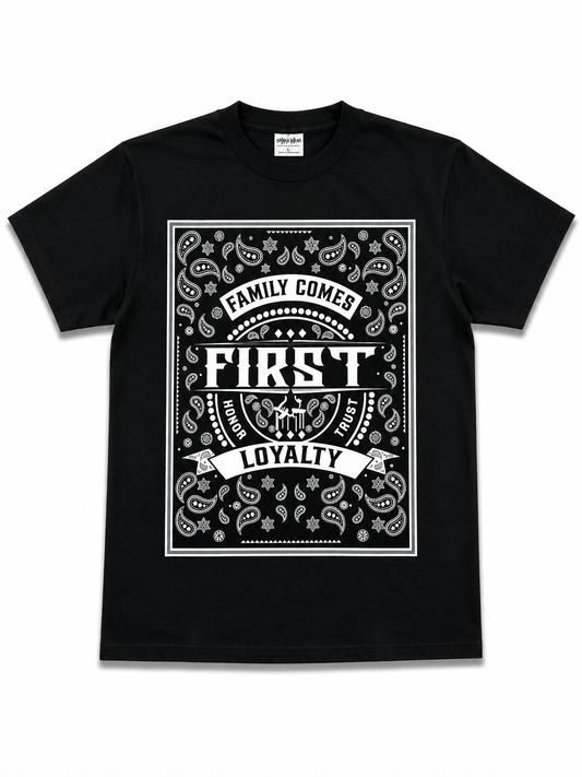 American Printed Tee “Family Comes First_ Bandana Print” Black _ CLEARANCE _