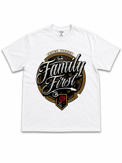 American Printed Tee "Family Comes First_Crest" White