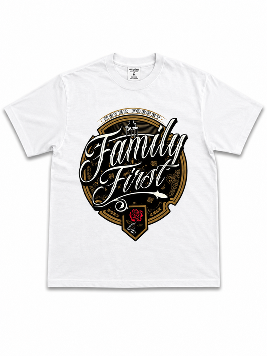 American Printed Tee "Family Comes First_Crest" White