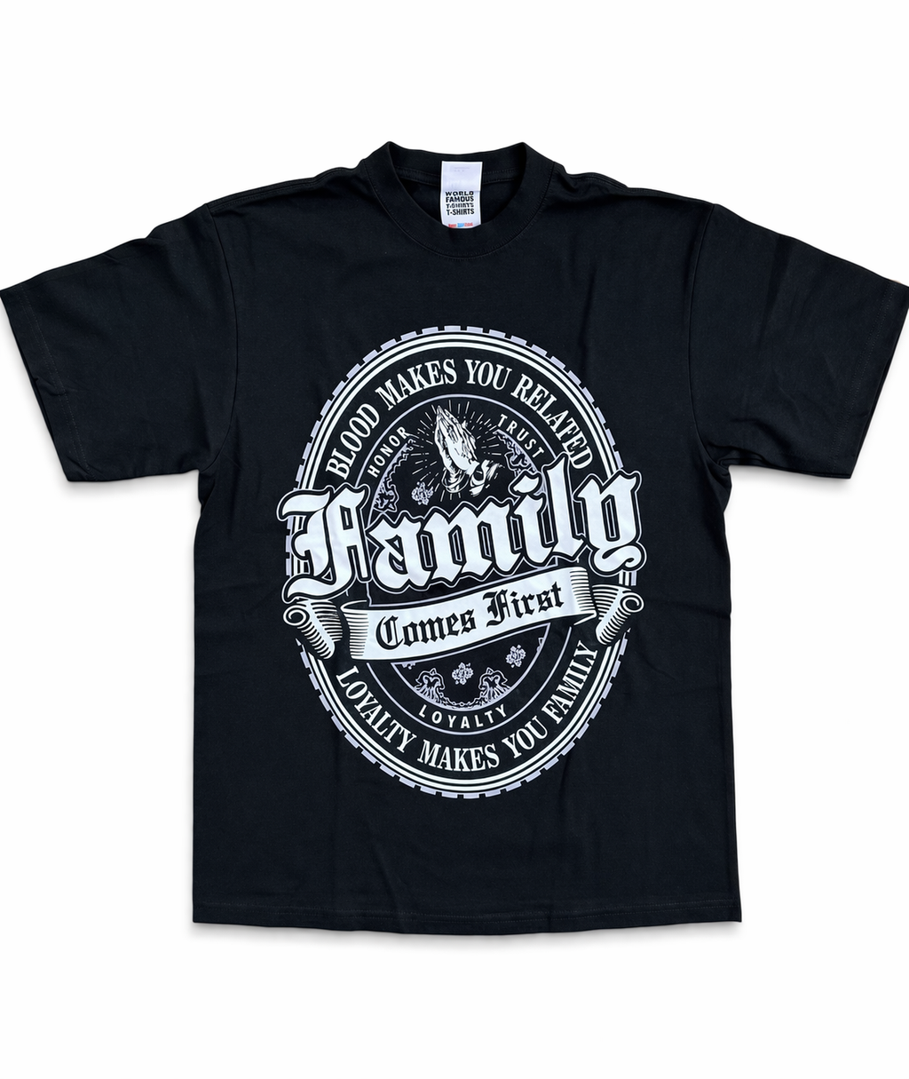 Heavyweight Printed Tee "Family Comes First, Bottle Crest" - Black (CLEARANCE)